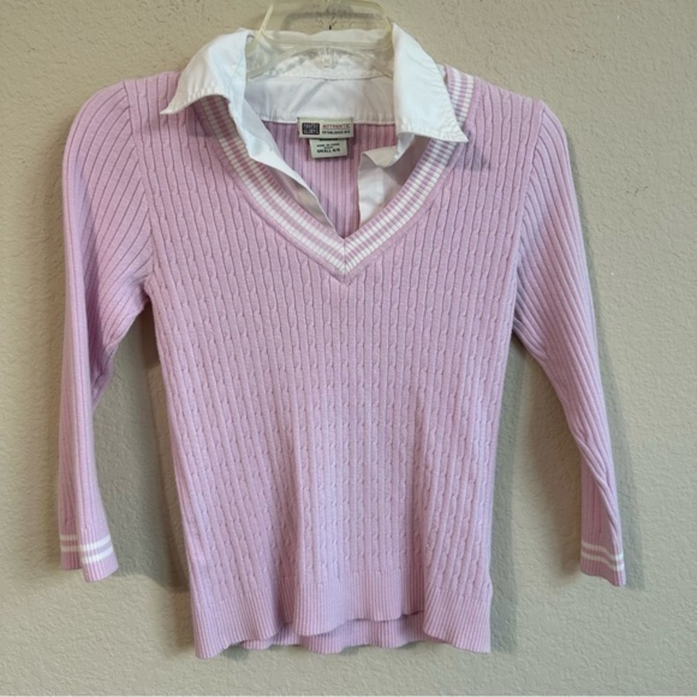 Faded Glory Sweater White Shirt Collar Pink Cable Knit V-Neck Collegiate Top